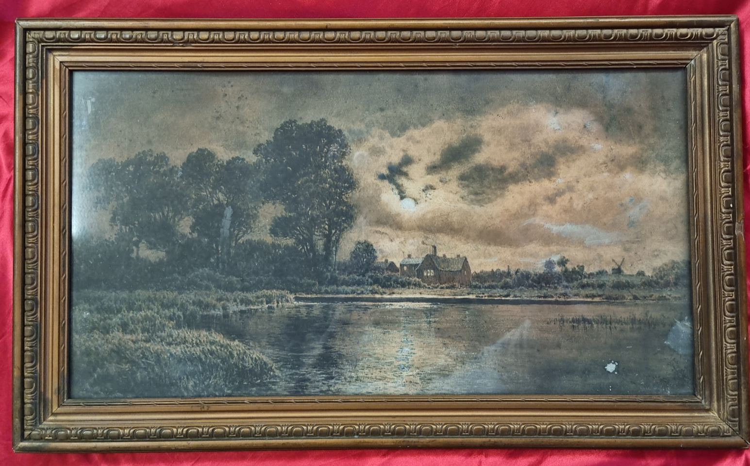Large 19th Century Dutch Moonlit Windmill On A River Watercolour Scene