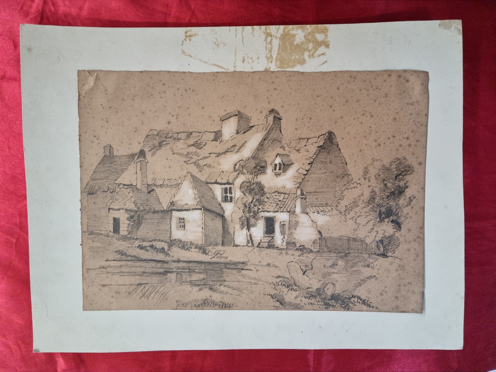 18th/19th Century Drawing Of A Cottage, Heightened With White. Signed.